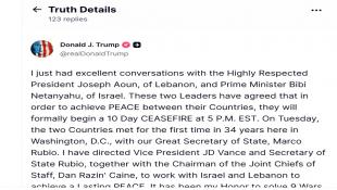 ترامب يُعلن اتفاقاً لوقف إطلاق النار 10 أيام بين لبنان وإسرائيل إبتداءً من منتصف الليلة : سأدعو الرئيس اللبناني عون  ونتنياهو  إلى البيت الأبيض
