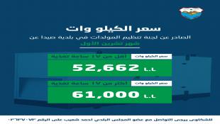 بلدية صيدا تصدر بيان تكلفة الاشتراكات الكهربائية لشهر تشرين الاول 2026 يتضمن تنبيها لعدم جواز إدخال إضافات على التسعيرة
